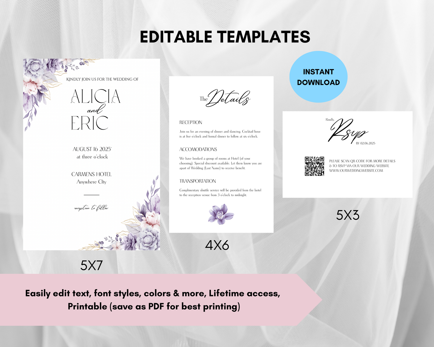 Floral Wedding Editable Invite, Details Card, RSVP Card Bundle