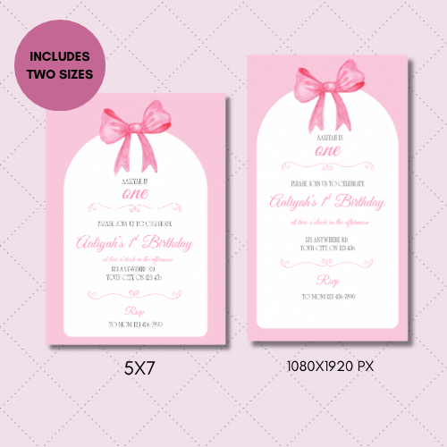 Bow Theme First Birthday Editable Invite