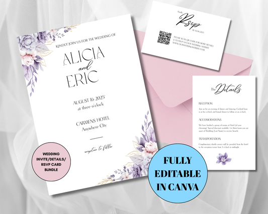 Floral Wedding Editable Invite, Details Card, RSVP Card Bundle
