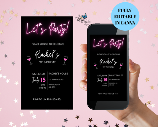 Let's Party Neon Editable Birthday Invite