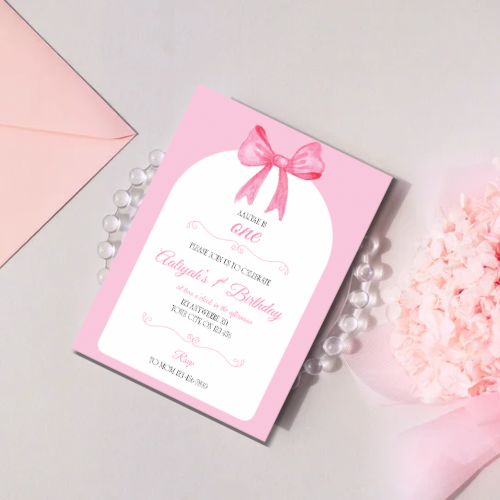 Bow Theme First Birthday Editable Invite
