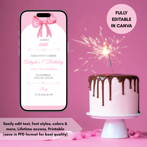 Bow Theme First Birthday Editable Invite